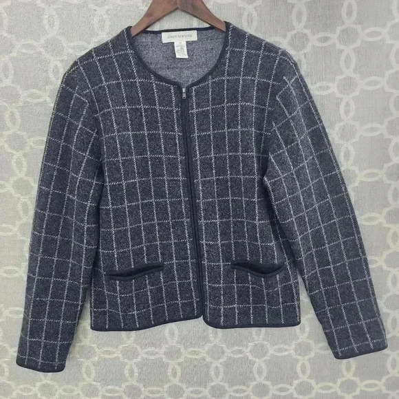 Jones New York Merino Wool Checkered Gray Full Zip Women's Blazer M - Picture 1 of 9